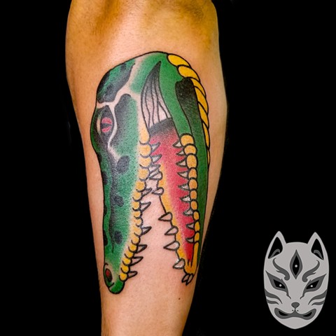Traditional Gator head on forearm in full color by Gina Matuo at copper Fox tattoo in Kissimmee florida