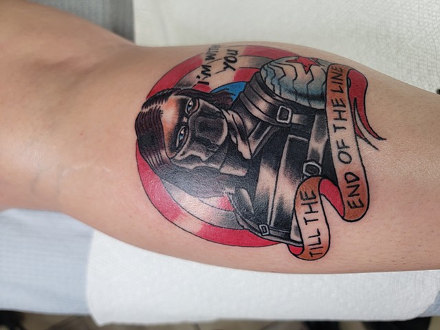 Bucky Winter Soldier from Marvel's Avengers movies in full color traditional style on lower leg by Gina Matsuo of Copper Fox in Kissimmee Florida best tattoo shop near me 