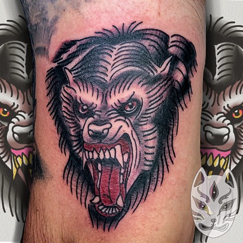 American werewolf in London traditional tattoo by Gina Matuo of copper Fox in Kissimmee Florida Orlando Florida 