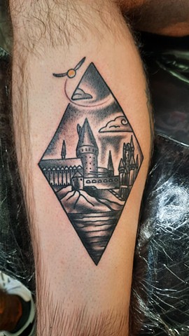 Hogwarts tattoo, Kissimmee tattooshop, tattooshops near Disney, Harry Potter tattoos, tattoos, tattooing, black and grey tattoos