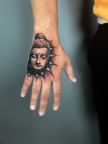 Tattoos, tattooing, tattoo shops near disney, black and grey tattoos, Buddha, Buddha tattoo