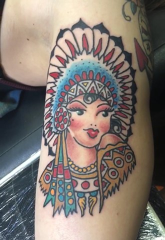 Traditional Style Native Indian Princess from Sailor Jerry by Tahiti Gil of Copper Fox Tattoo in Kissimmee Florida best tattoo shop near me