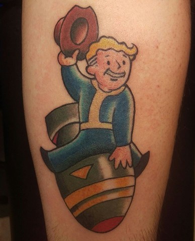 Vault boy Dr. Strangelove from the video game Fallout on lower arm by Gina Marie of Copper Fox in Kissimmee Florida