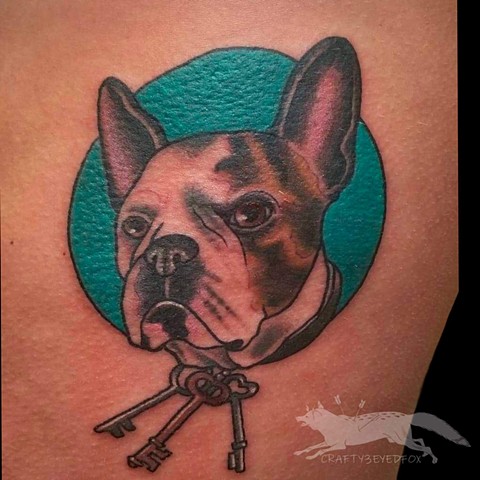 Hagrid Keeper of the Keys, pet portrait, frenchie, french bulldog tattoo by Gina Marie of Copper Fox Tattoo in Kissimmee Florida