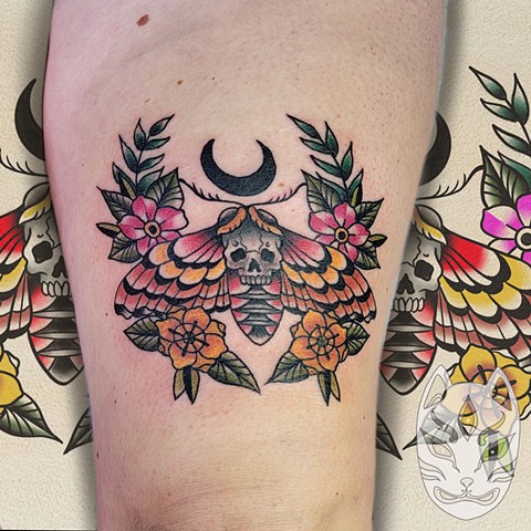 Traditional tattoo of deaths head moth or death moth by Gina Matuo of Copper Fox tattoo best traditional tattoo shop in Kissimmee Florida