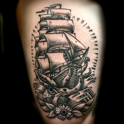 Black and grey tattoos, tattooing, tattooshop, Kissimmee tattooshop, tattooshops near disney, ship tattoos, pirate ship tattoos, kraken, kraken ship tattoos