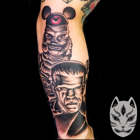 Frankenstein and Creature from Universal Monster Movies tattoo in black and grey on forearm 