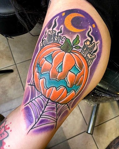 Pumpkins, pumpkin tattoo, Halloween tattoos, Halloween pumpkin tattoos, tattoos with color, jack o lanterns, pumpkins with moons, pumpkins with candles, tattoo shop, tattoos, tattooing, Kissimmee, Kissimmee tattoo shop