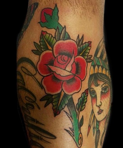 Custom traditional style rose on lower leg by Gina Marie of Copper Fox Tattoo Company in Kissimmee Florida 