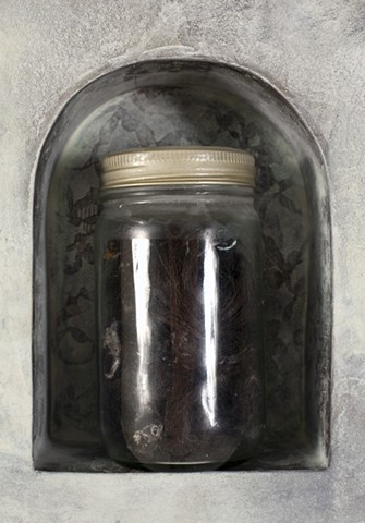 detail of hair in jar, metal etching, lauren carter, art, painting, diptych