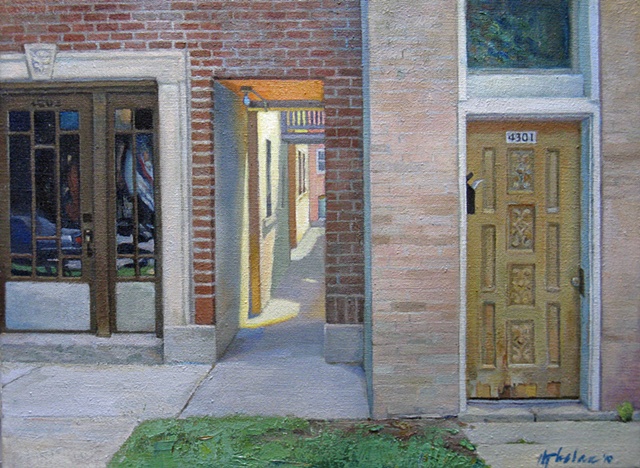 three different types of doorways in urban setting with patch of grass by Mary Phelan