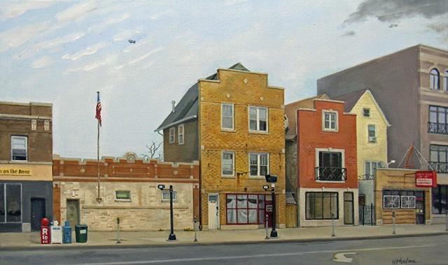  a street view of Western Ave., Chicago, with veterans' meeting hall, false fronts, traffic cameras and a blimp by Mary Phelan