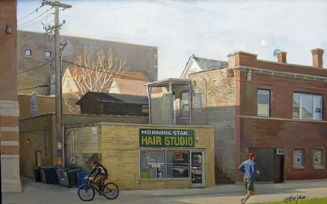 neighborhood beauty salon, Morningstar, and surrounding buildings in morning light, with jogger and cyclist by Mary Phelan
