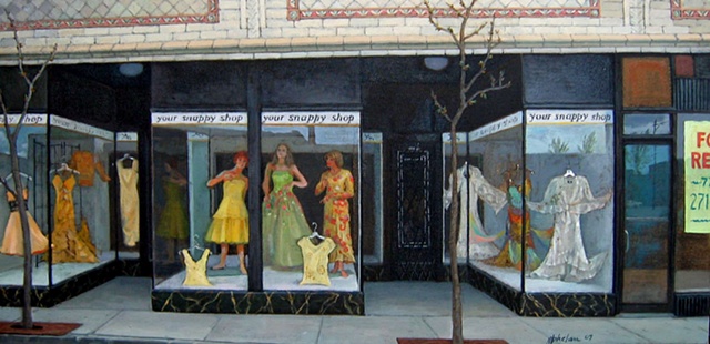  an iconic neighborhood dress shop with city reflections by Mary Phelan
