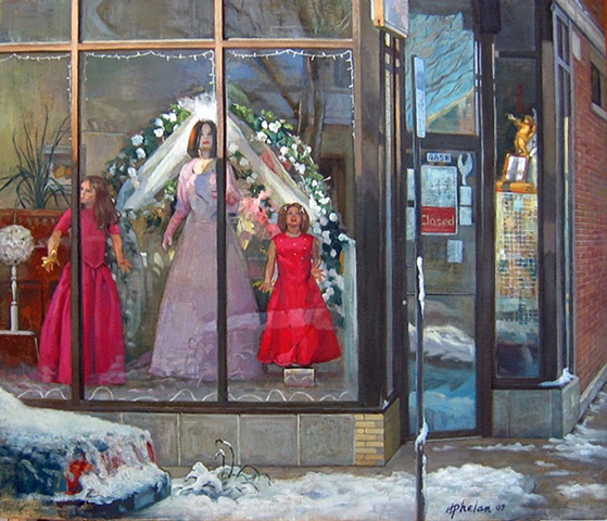 a neighborhood bridal shop on slushy mid-winter day in Chicago, viewed at dawn with multiple reflections, golden cherub and magenta dresses by Mary Phelan