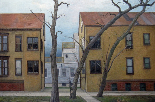 old houses with three locust trees by Mary Phelan
