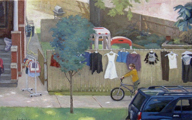 summer yard sale with some items displayed on wooden fence, and boy on bicycle in foreground by Mary Phelan