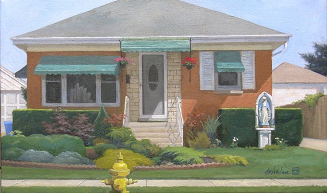 Middle-class Chicago bungalow with Virgin Mary shrine.