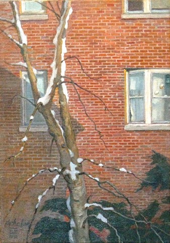 setting sun on brick wall of apartment building with snow clinging to tree by Mary H. Phelan