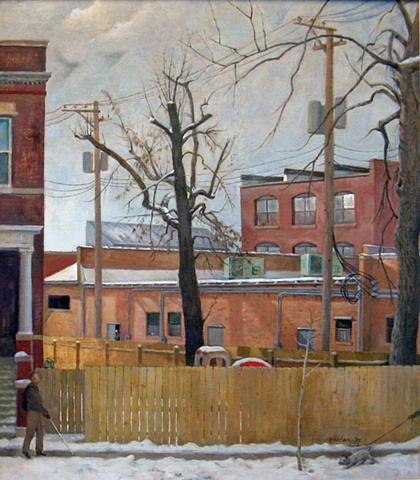 view of fenced yard on alley with large trees with amputated limbs and blind man walking 