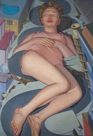 painting of giant figure in San Fransisco cityscape (Lombard St. in San Fransisco) by Margaret McCann