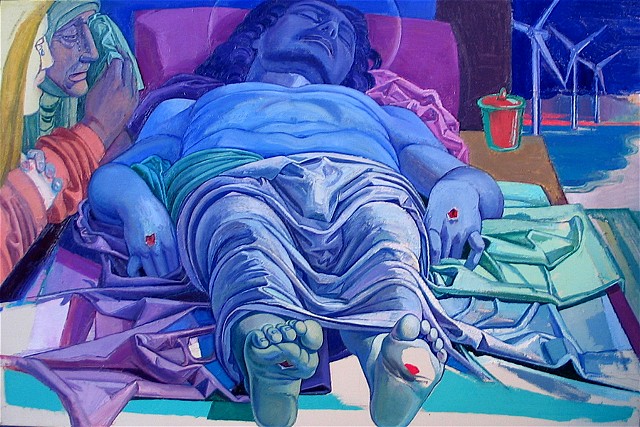  painting of giant figure (Mantegna's Dead Christ) in cityscape (Atlantic City) by Margaret McCann