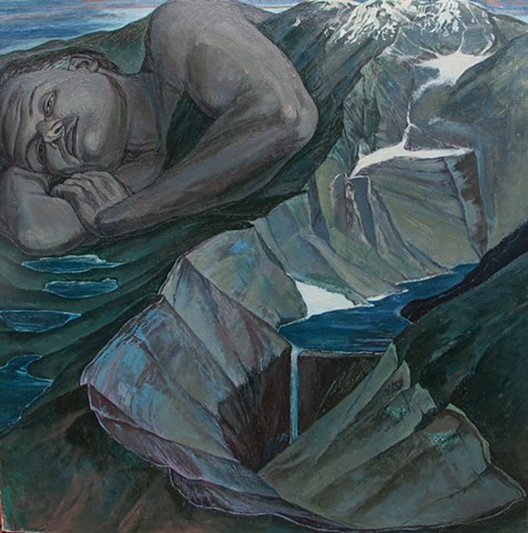 painting of giant figure in landscape by Margaret McCann