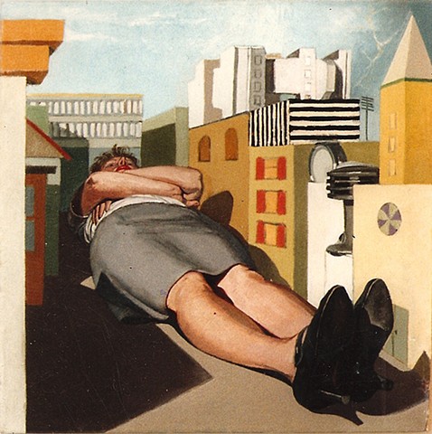 painting of giant figure (the 50 foot woman) in cityscape by Margaret McCann