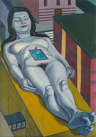painting of giant figure in cityscape by Margaret McCann