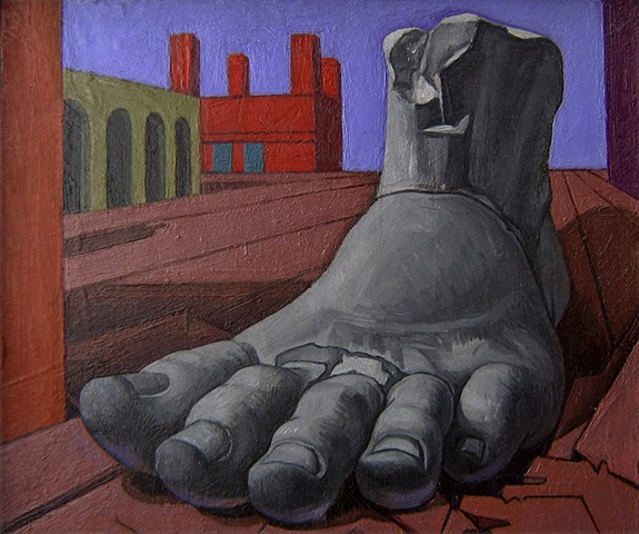 painting of giant  (Constantine's foot, Rome) in Di Chirico cityscape by Margaret McCann