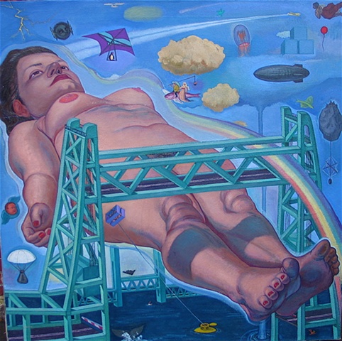 painting of giant figure floating under Portsmouth NH's Memorial Bridge by Margaret McCann