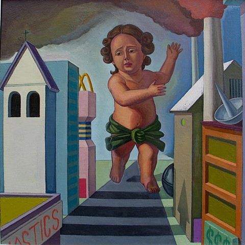 painting of giant figure (putto) in cityscape by Margaret McCann
