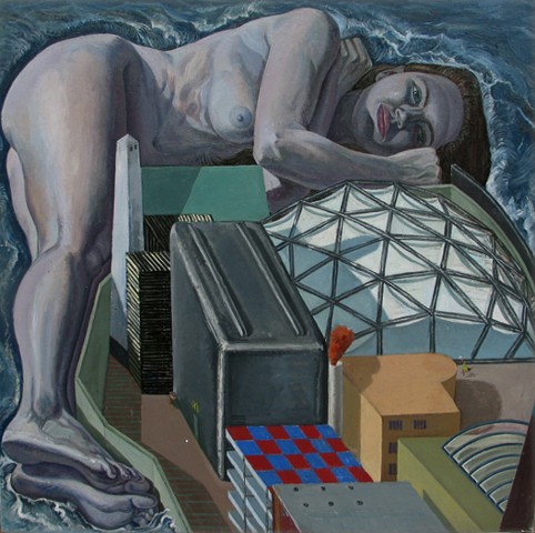 painting of giant figure as jetty in cityscape by Margaret McCann