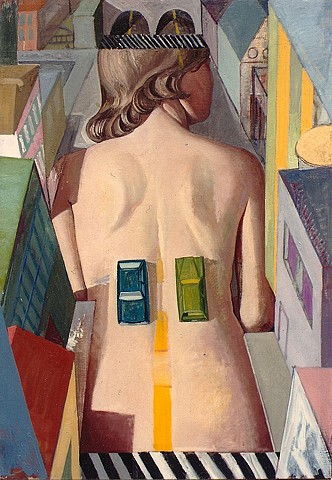 painting of giant figure in cityscape (inspired by Man Ray) by Margaret McCann