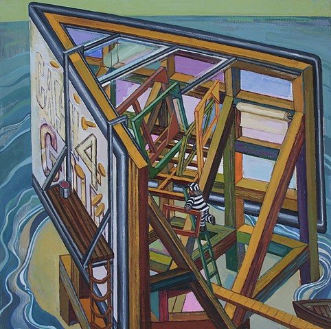  painting of self-portrait as convict in cityscape (Atlantic City) by Margaret McCann