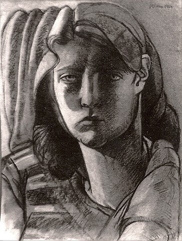 cubist self-portrait drawing in charcoal