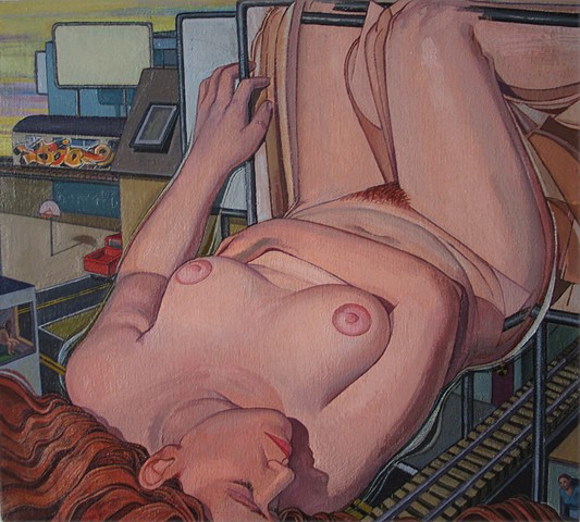 painting of giant figure in cityscape by Margaret McCann; inspired by Duchamps' Nude Descending...