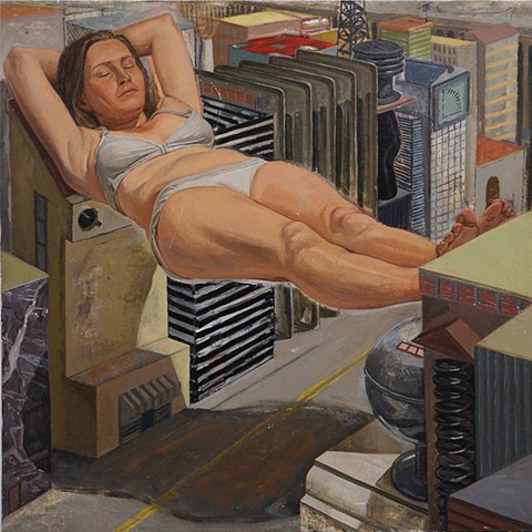 painting of giant figure in cityscape by Margaret McCann