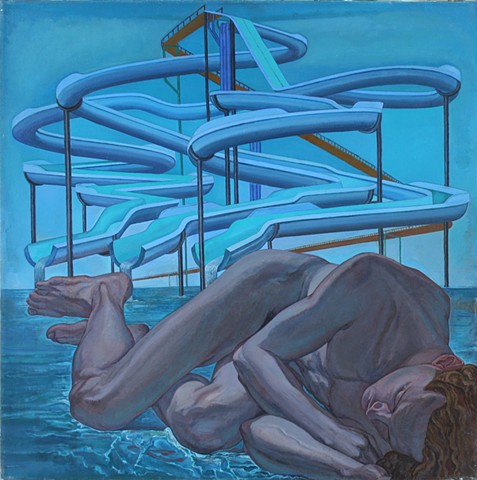 painting of giant figure in water park by Margaret McCann