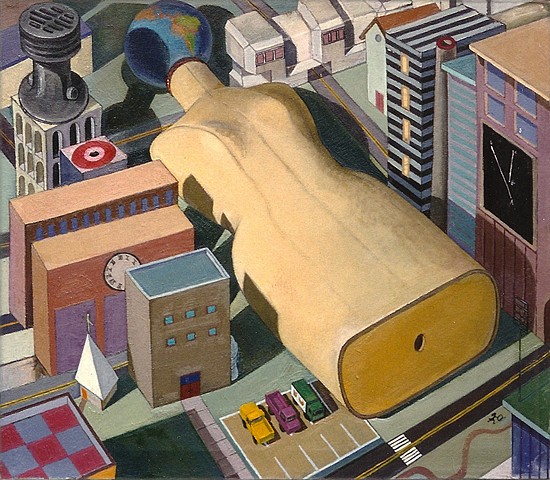 painting of giant figure (mannikan) in cityscape by Margaret McCann