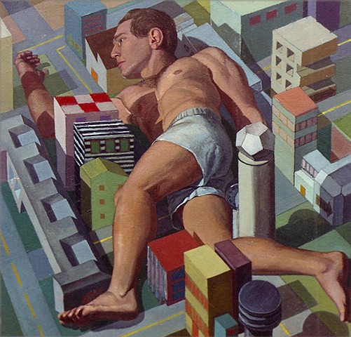 painting of giant figure - turned - still life / cityscape by Margaret McCann