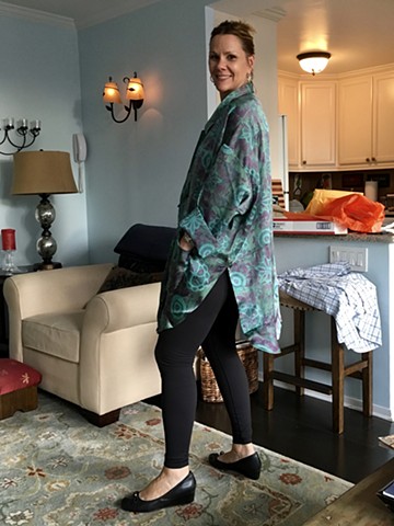 Jennifer in her New Jacket Sewn from Batik Silk Yardage