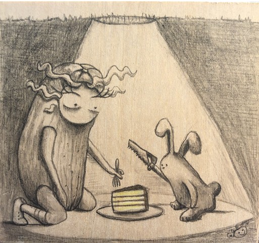 “in a pickle down a rabbit hole sharing a piece of cake” (saw version)