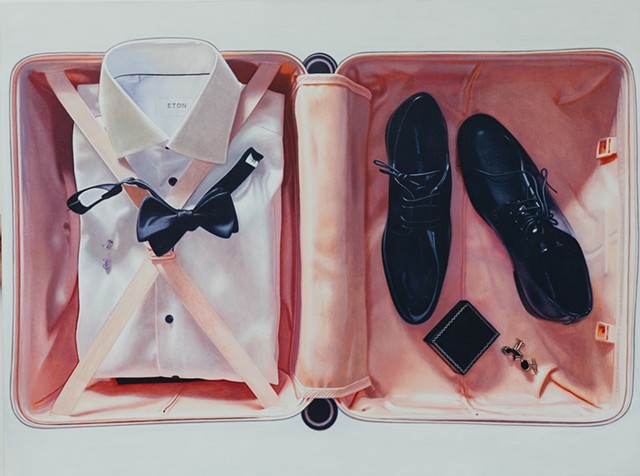 Pink Suitcase with Dress Shirt and Bowtie