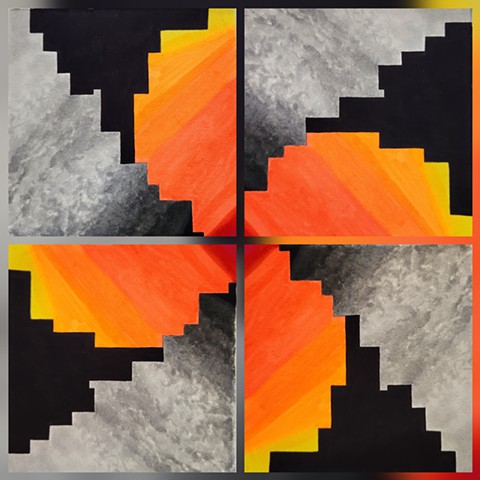 Collage of simplified geometrical black buildings against a swirling gray sky and a brilliant yellow to orange sunset.