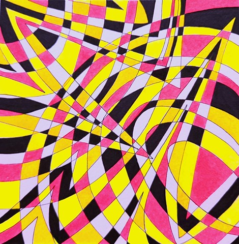 Abstract drawing in fluorescent gold, yellow-green, pink, plus black and white. Swirling forms interact with triangular form.