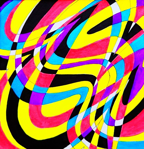 Abstract swirling drawing in fluorescent pink, green, blue, purple, yellow, plus black and white.