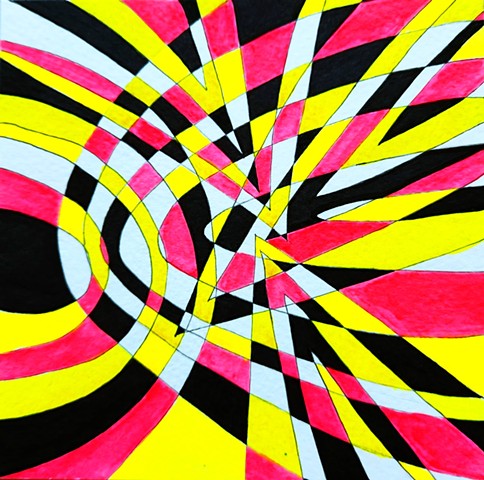 Abstract drawing in fluorescent pinks, yellows, greens, plus black and white. Two concentric circles intersecting with each other and two triangular forms. 