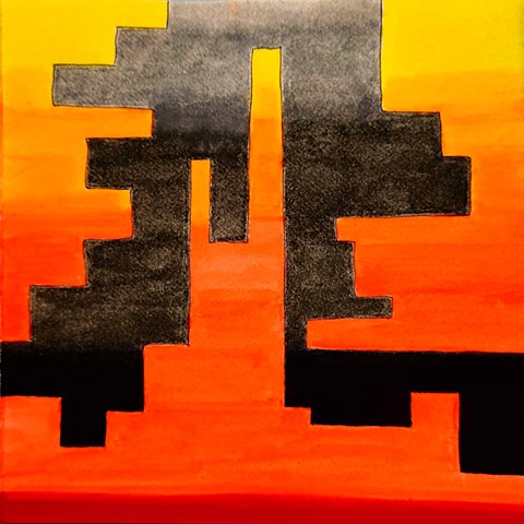 Abstract skyline that can be viewed either right side up or upside down; one view is a sunset gradient; the other is a gradient of light gray to black.