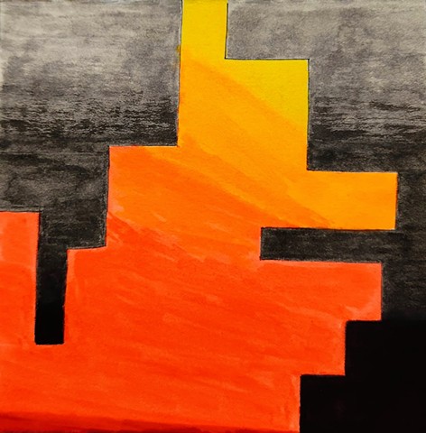 Simplified skyline that can be viewed either right side up or upside down; one view is a sunset gradient; the other is a gradient of light gray to black.